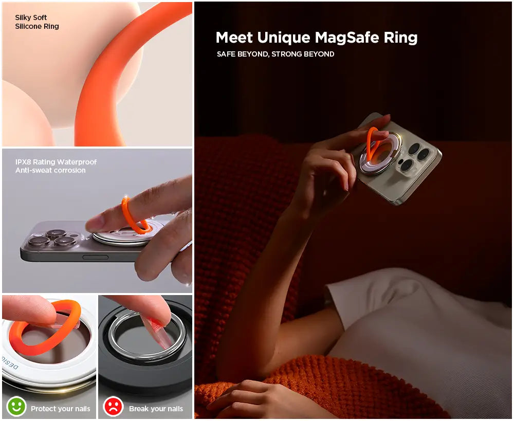 Anillo de sujeción magnético para teléfono de silicona naranja y soporte para iPhone con una característica especial de compatibilidad MagSafe.