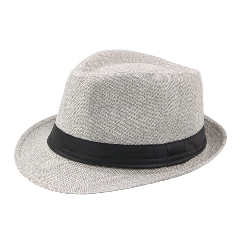 hellgrauer Stroh-Fedora-Sonnenhut mit schwarzem Band, entworfen als unisex Sommer-Strandmütze