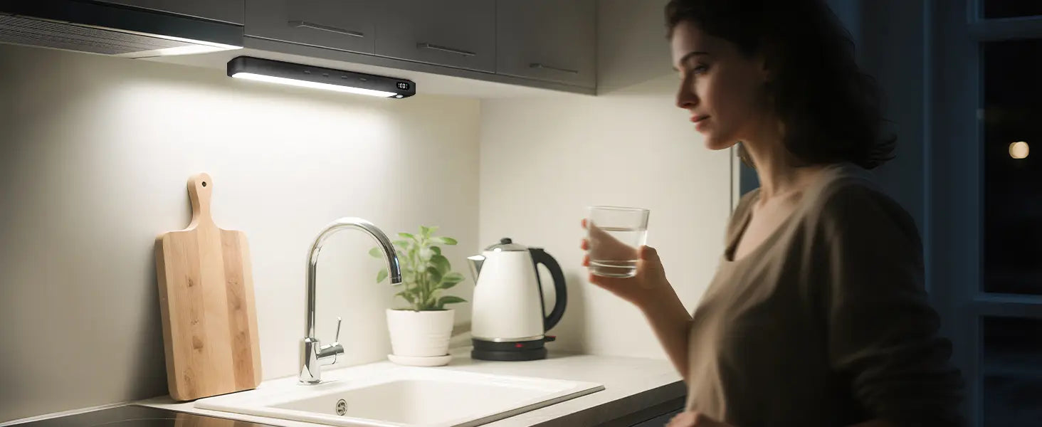 a sleek modern rechargeable under cabinet light bar with motion sensor feature in slim black iron sheet finish and integrated white led illumination