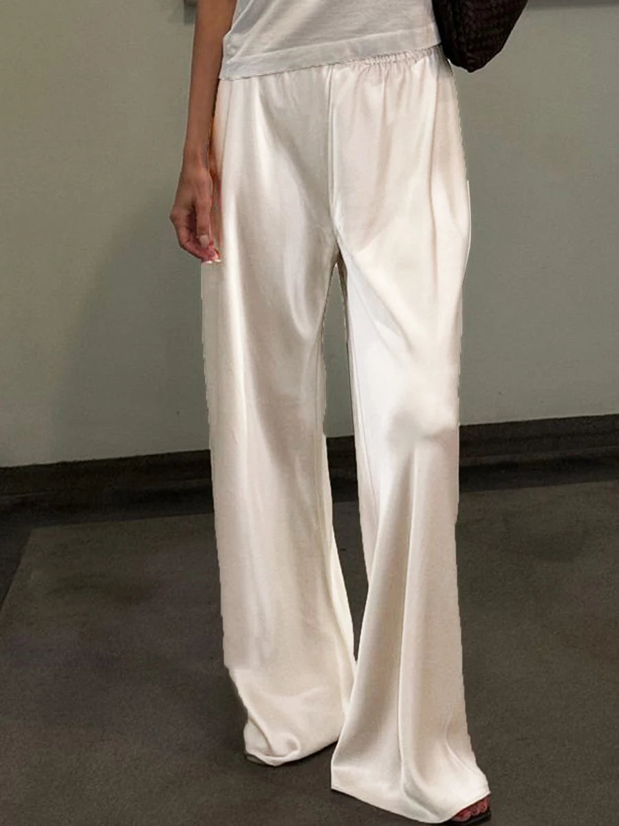 Chic Satin Wide Leg Dress Pants Women's Stylish Elastic Waist Loose Fit Long Trousers for Streetwear Work Solid Color