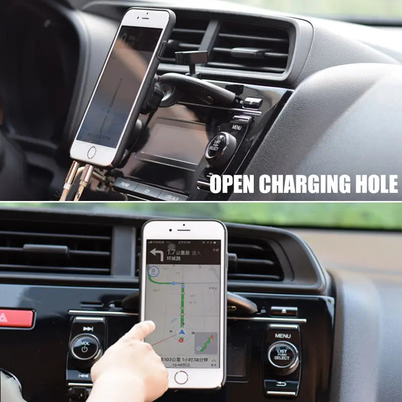Black magnetic cd slot car phone mount with adjustable arms and charging port for securing iphone on dashboard compatible with gps and mini devices.