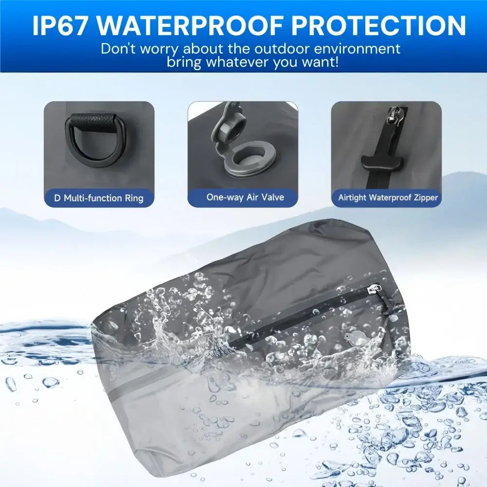Gray waterproof pouch with black zipper and d-ring attachment designed for vacuum storage bags with air pump 17l for secure storage and easy transport.