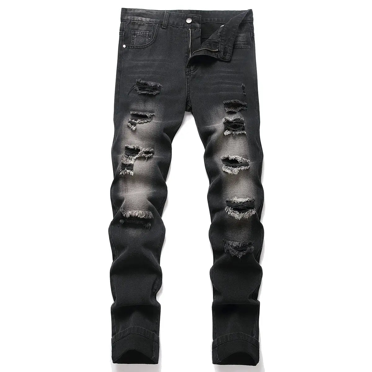 black distressed straight denim jeans for men featuring multiple ripped patches and frayed edges.