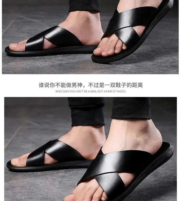 Schwarze Herren-Echtleder-Slipper mit Kreuzriemen aus Leder und schlankem, minimalistischem Design