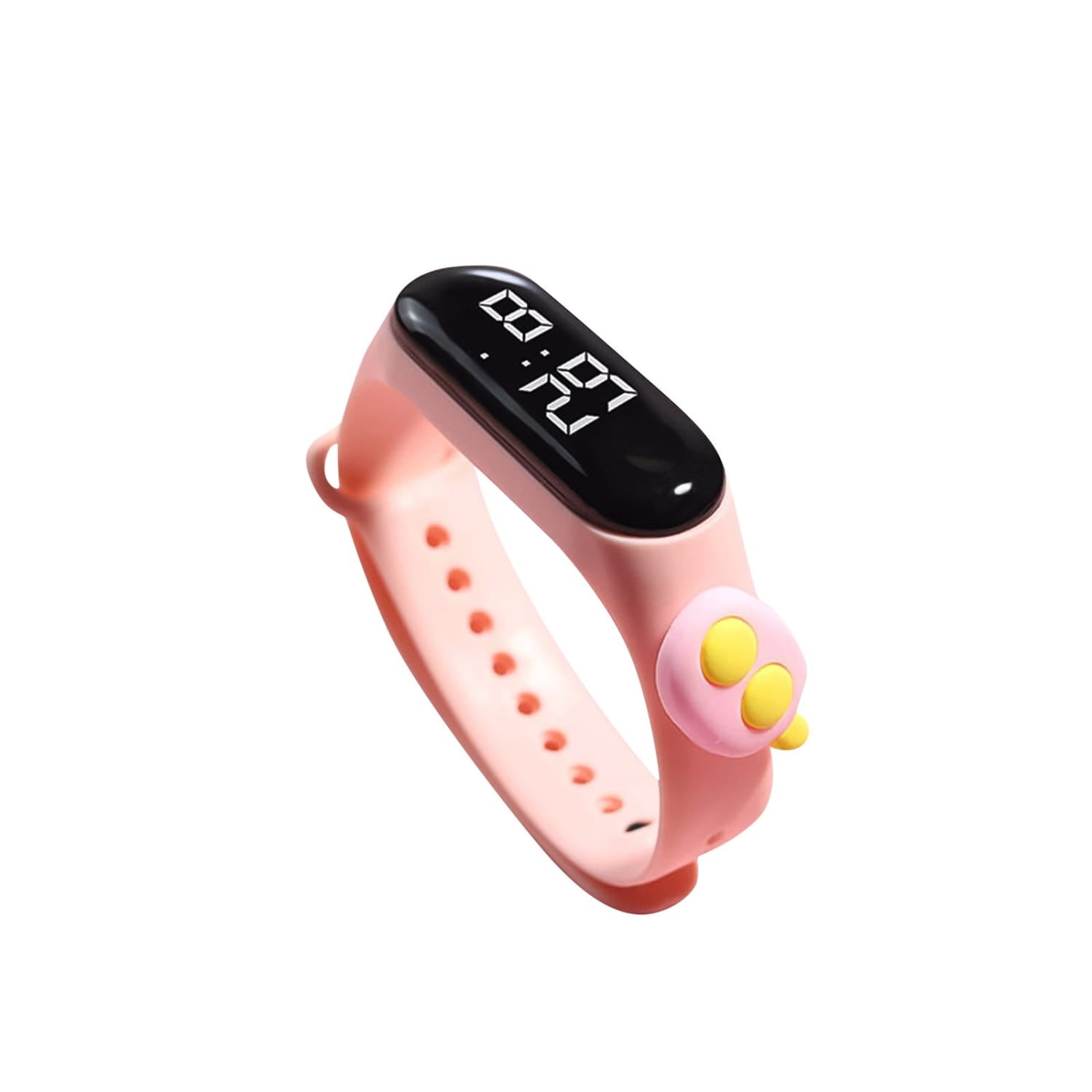 pink silicone kids digital watch with black digital display showing time and yellow paw print charm featuring life waterproof material type