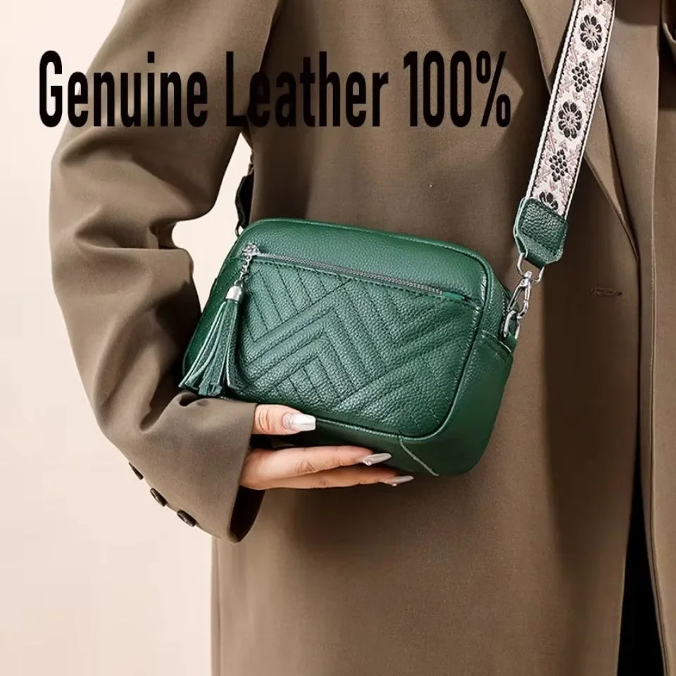 Genuine Leather Women Quilted Shoulder Bag Guitar Strap Zipper Sling Bag Casual Mobile Phone Pouch Handbag Purse Travel Work Bag