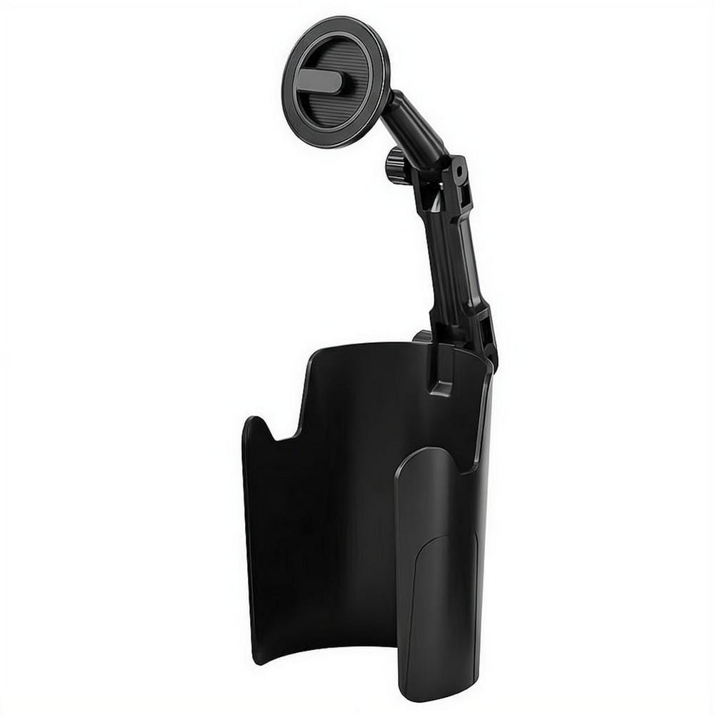 Porte-gobelet en plastique noir avec bras réglable et fixation par ventouse, conçu comme un support de téléphone avec un aimant puissant.