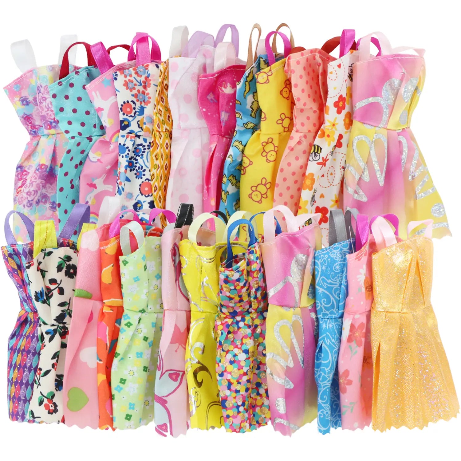 A collection of colorful patterned doll dresses in various vibrant hues from a doll accessories set 50 piece fashion outfit collection.