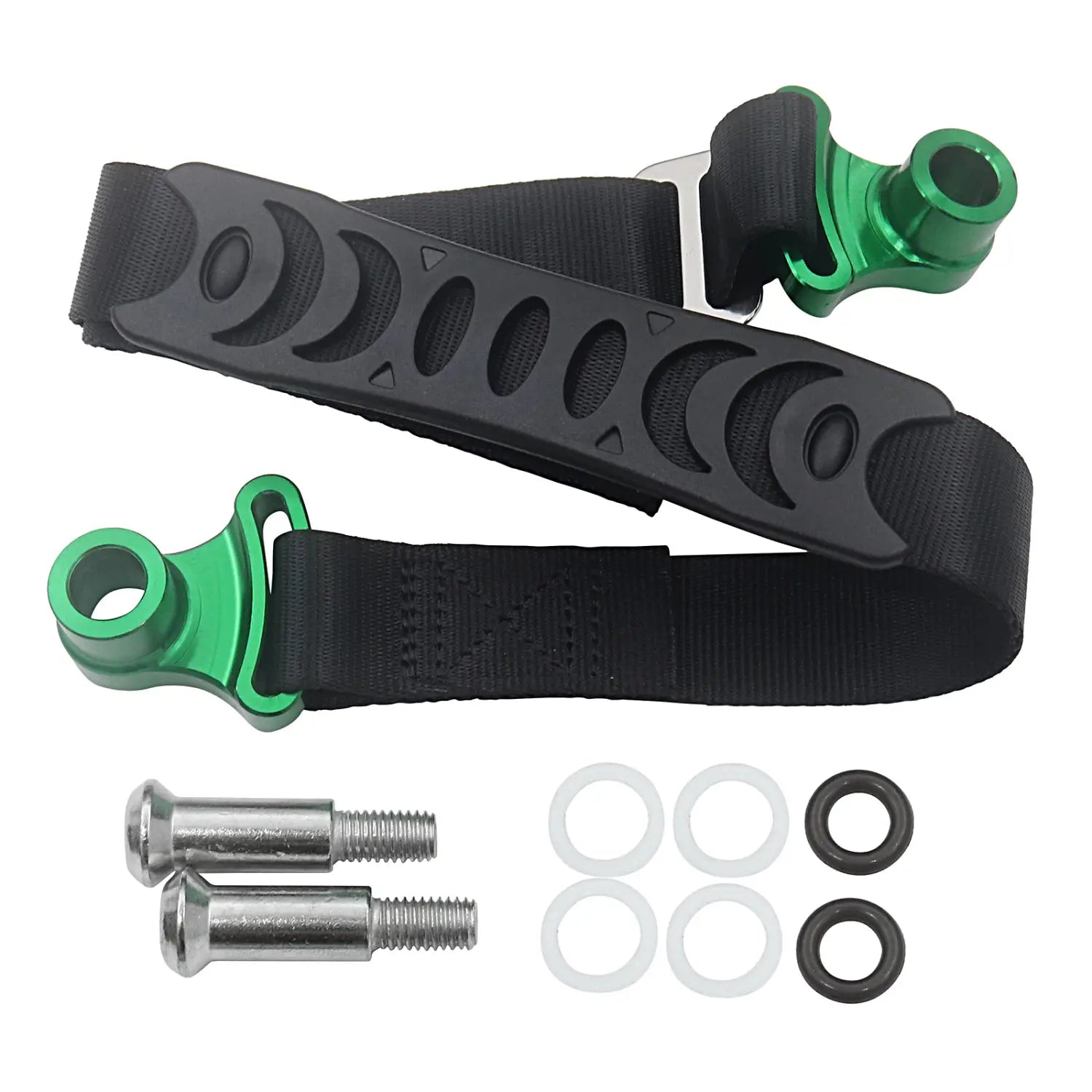 Schwarzes Gurtband für Dirtbike-Abschleppgurt-Set mit grünen Aluminium-Endbeschlägen und Mondphasen-Aussparungen für Vorder- und Rückholriemen.