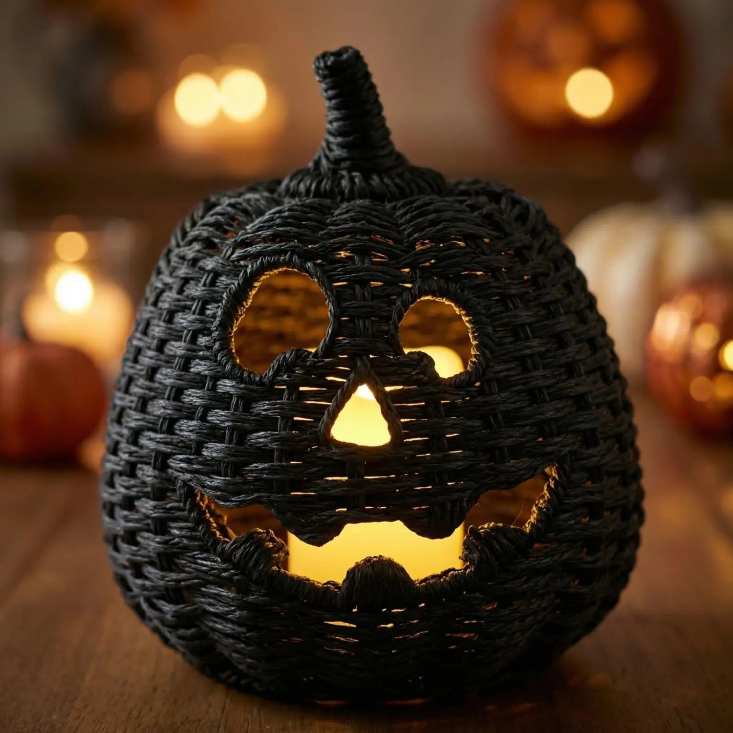 Schwarze geflochtene Weidengeflecht-Halloween-Kürbislaterne mit orangefarbenem Innenlicht und Hexenhut.
