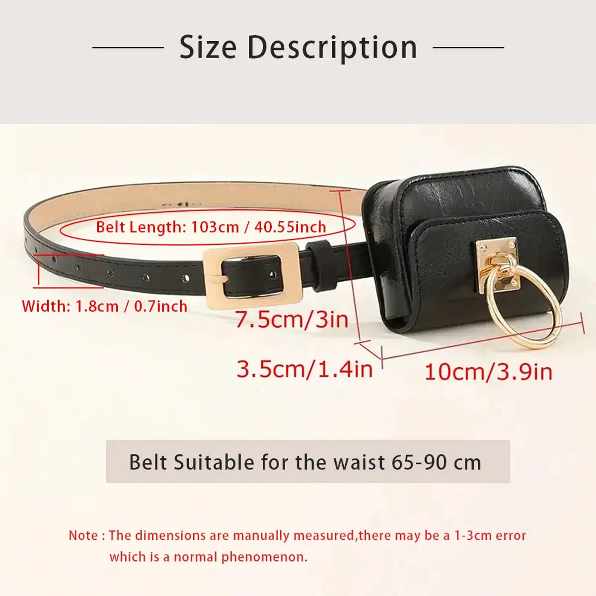 Pochette de ceinture de créateur noire en cuir, avec boucle rectangulaire et pochette noire fixée avec une quincaillerie finition ton sur ton or, pour un look haute couture de pochette de ceinture de luxe.