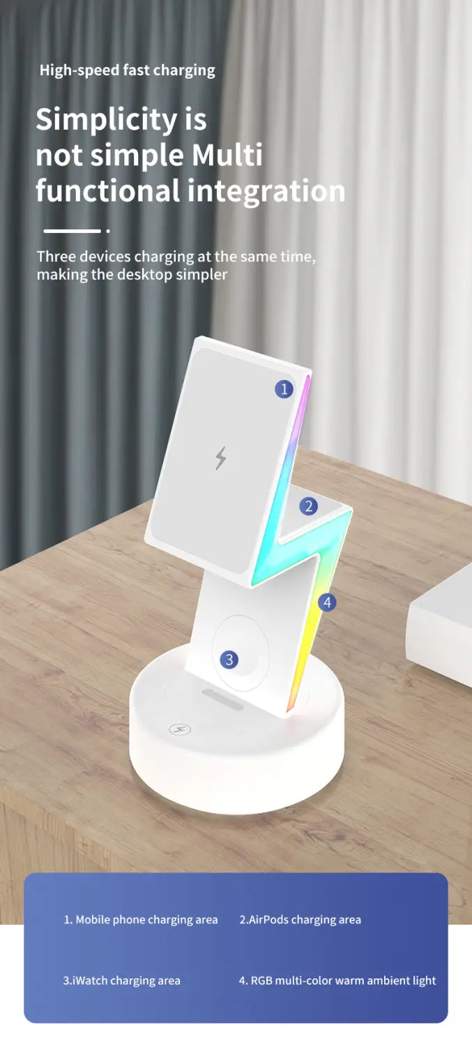 White wireless charging 3 in 1 RGB stand magnetic with three distinct slots for phone airpods and watch featuring colorful RGB ambient light and optimized wireless charging output power.
