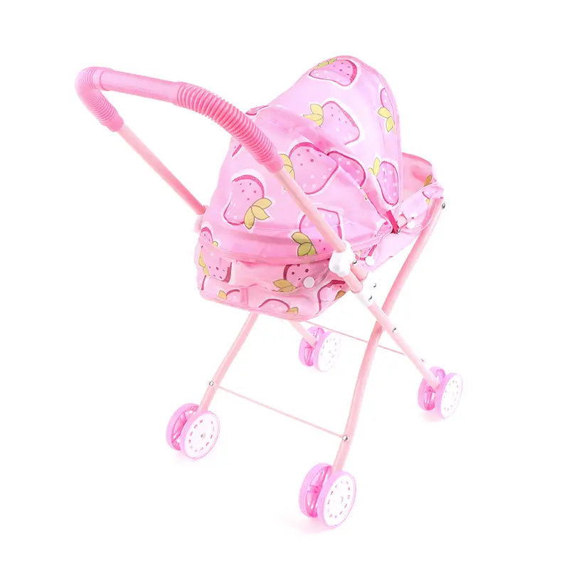 Rosa Puppenwagen für 12-Zoll-Babypuppen mit erdbeer-farbig gemustertem Stoffsitz und rosa Kunststoffrahmen sowie Rädern.