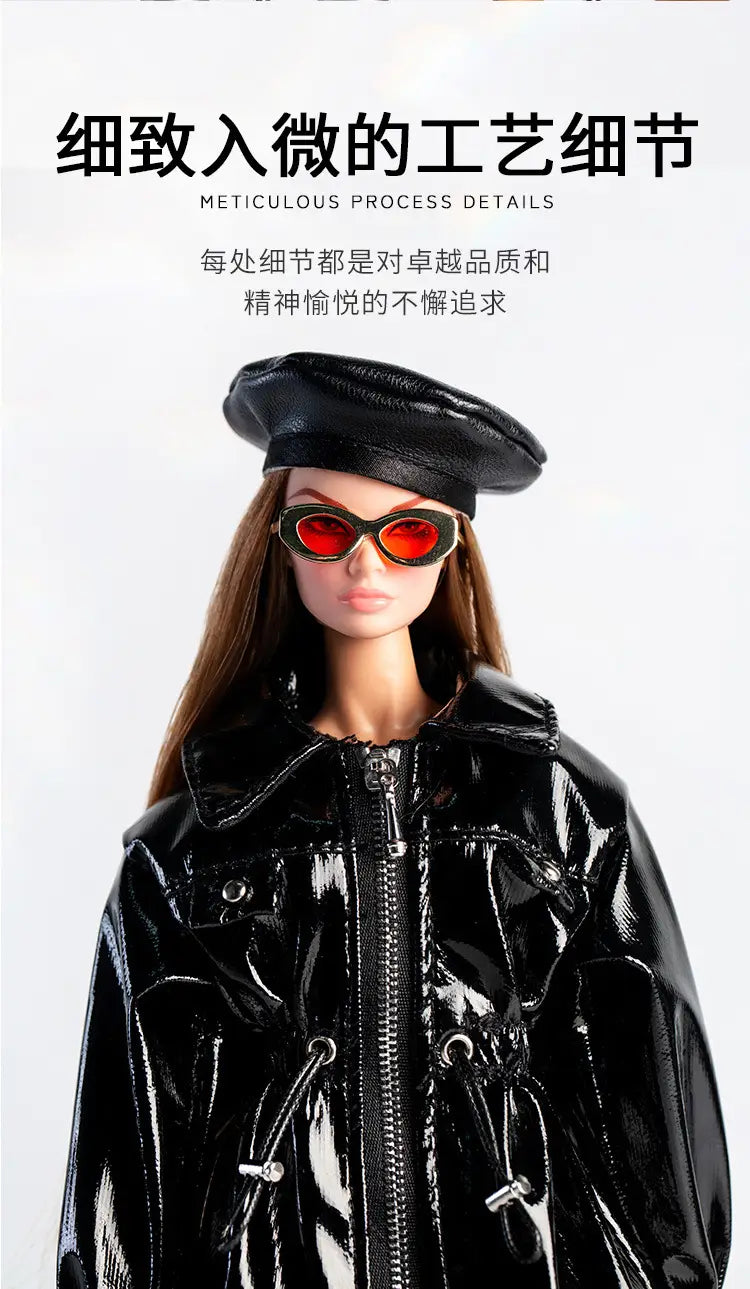 black glossy vinyl beret with a structured slightly rounded crown and stitched detailing along the brim designed for futuristic retro doll outfit for 30cm 1/6 models