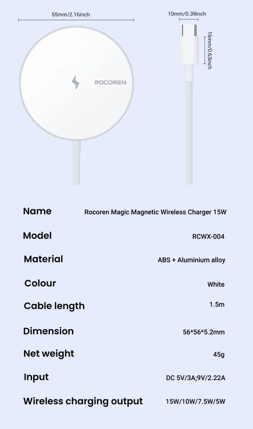 Cargador inalámbrico inalámbrico magnético Rocoren Magic color blanco con un diseño elegante de ABS y aleación de aluminio, que ofrece salida de carga rápida de 15 W para cargadores inalámbricos de uso con iPhone
