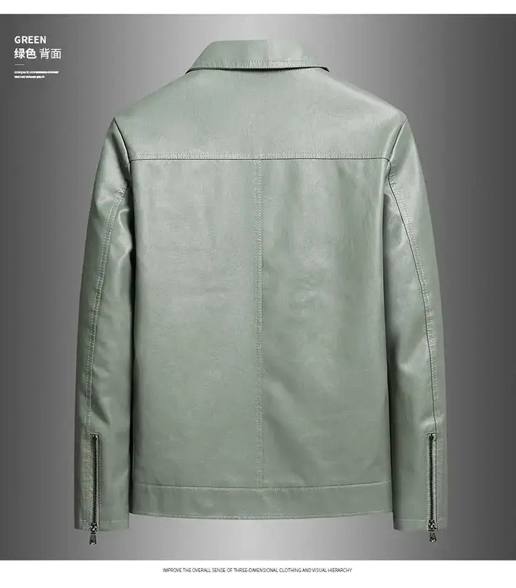 Men’s light green faux leather moto jacket with a classic collar and zipper details on the sleeves.