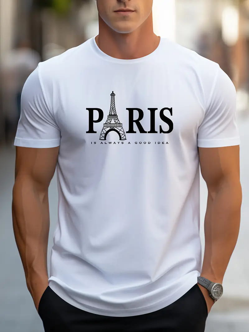 「Paris」という語に組み込まれた黒のエッフェル塔グラフィックと、下に「it is always a good idea（常に良い考えです）」のフレーズを印字したメンズ用ホワイトのコットン半袖Tシャツ。