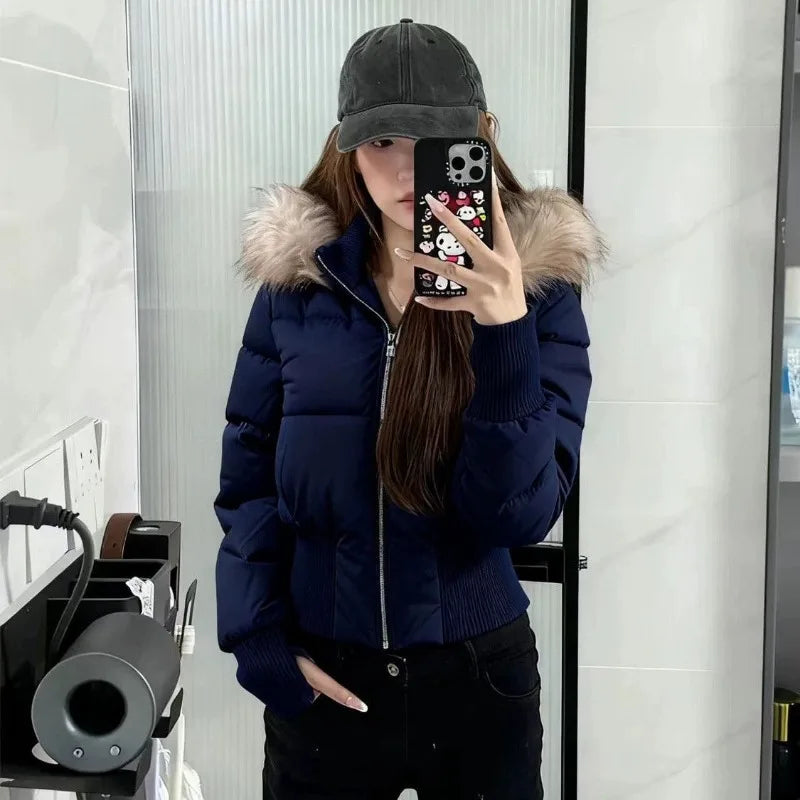 Winter Fur Collar Hooded Cropped Puffer Jacket Women's Warm Cotton Padded Jacket Short Top Windproof Coat Y2K High Waist