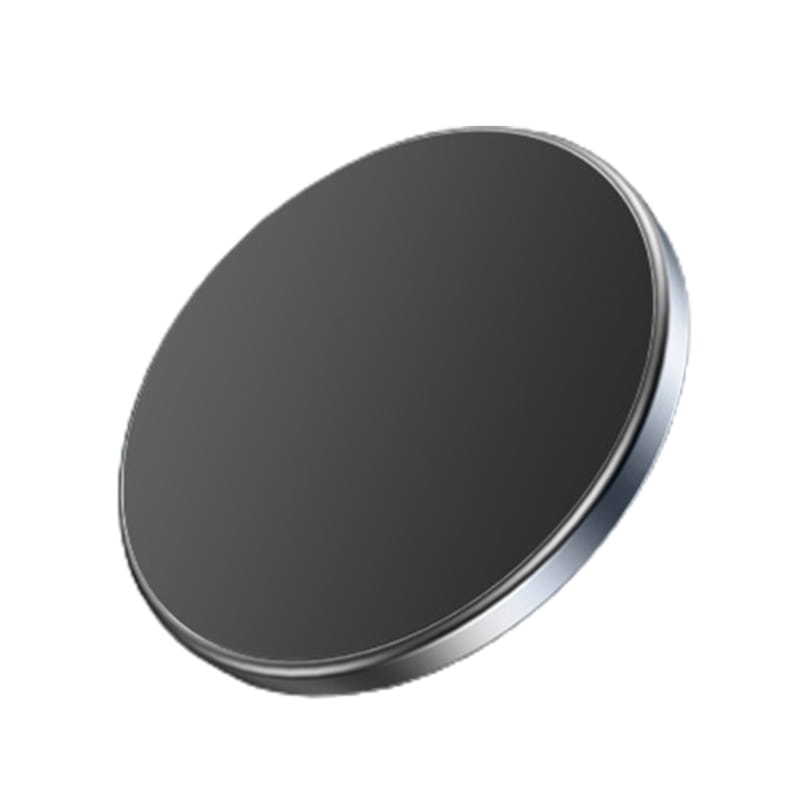 soporte de teléfono para automóvil magnético circular negro con un elegante borde metálico diseñado para iPhone 12 13 14 15, mostrado desde el lado posterior.