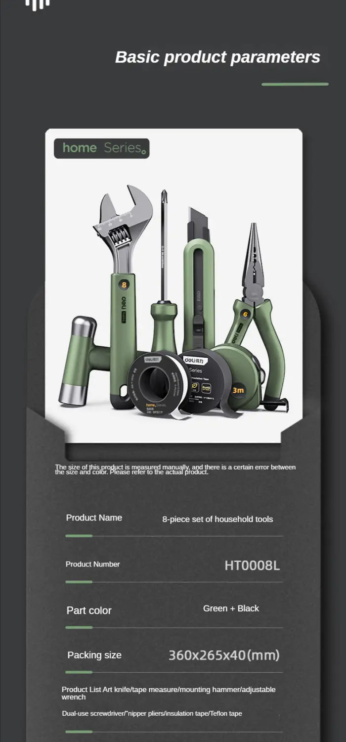 Green and black deli multitool hand repair tool kit featuring an 8-piece household set with wrench, screwdriver, utility knife, pliers, tape measure, and essential tools.