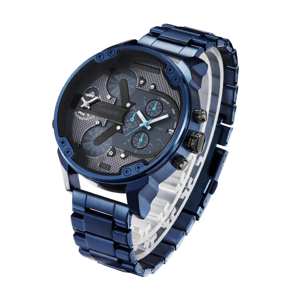 Blau-mettalische Dual-Time-Luxus-Uhr aus Stahl mit Quarzwerk für Herren mit Multi-Zifferblatt-Chronograph und markantem, kantigem Design.