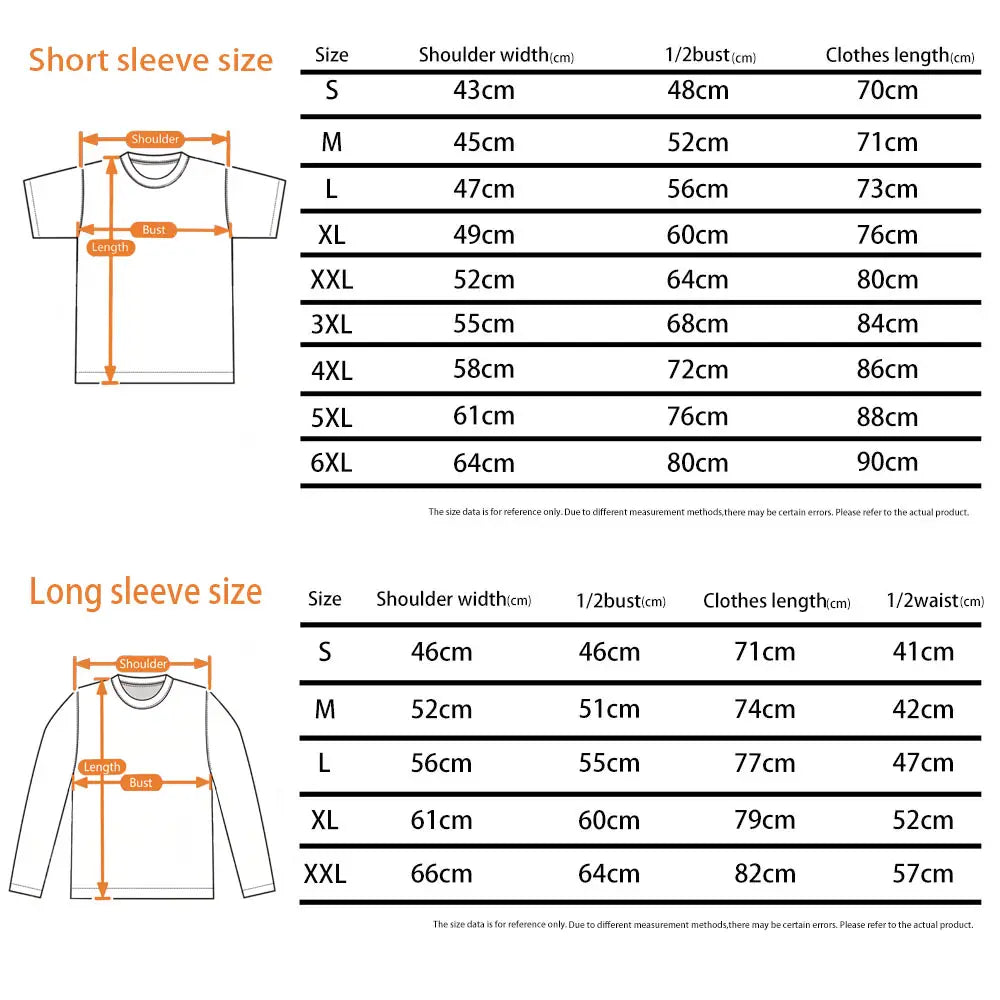 Seaquest dsv vintage graphic cotton t-shirt short sleeve and long sleeve size charts displaying shoulder width half bust clothes length and waist measurements in centimeters.