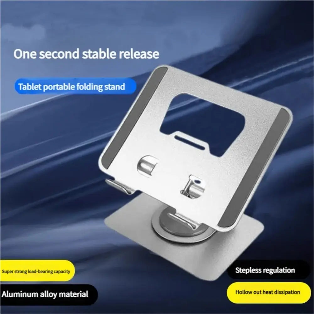 Silver aluminum alloy 360° rotatable tablet and laptop stand with a sleek minimalist design and adjustable angle for stable portable folding support