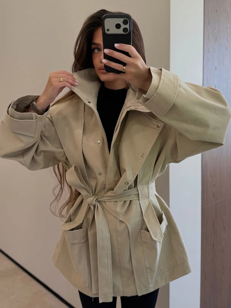 Women Short Trench Coat Belted Stand Collar Double Breasted Utility Jacket Oversized Pocket Chic Casual Office Commute Outerwear