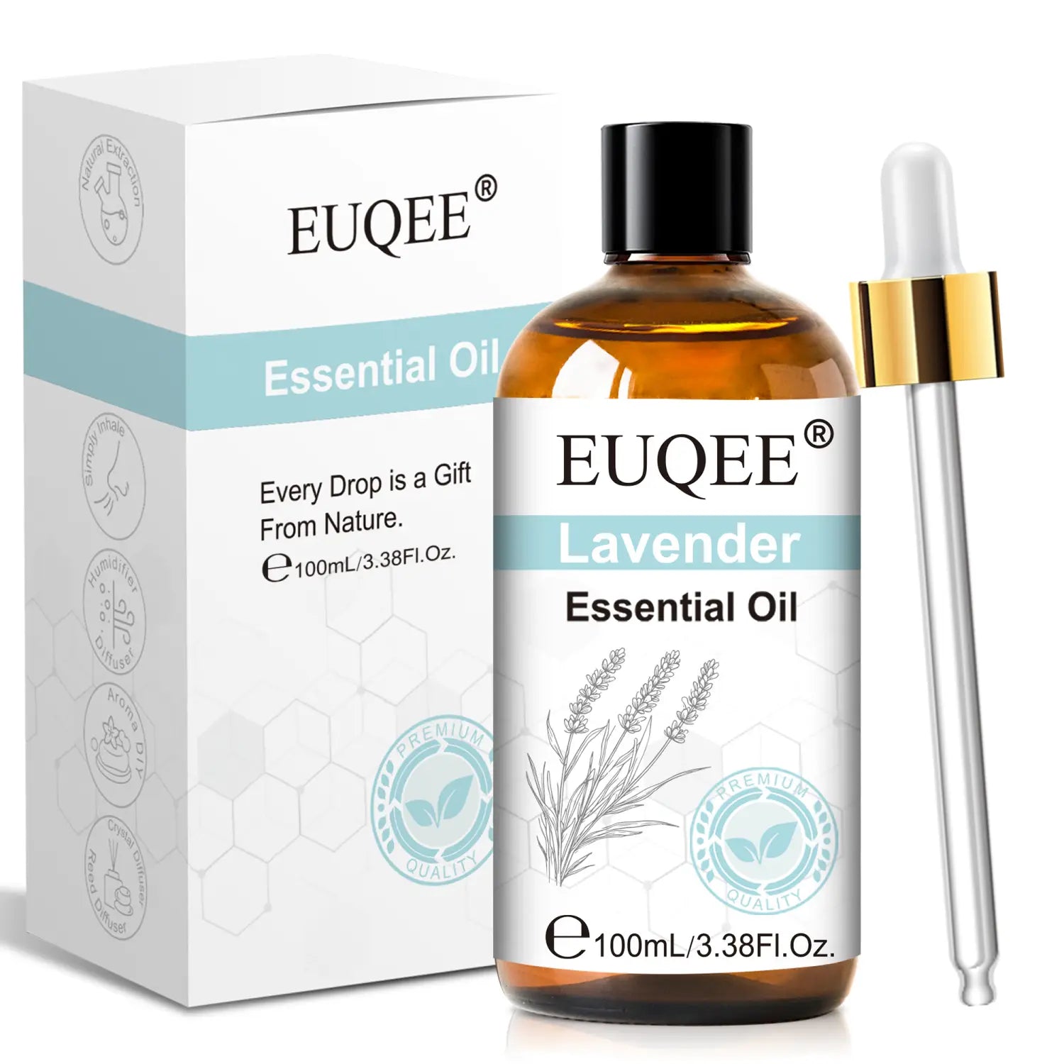Euqee lavender essential oil 100ml pure aromatherapy in an amber glass bottle with a black cap and gold-rimmed dropper available in 10ml 30ml 100ml sizes.