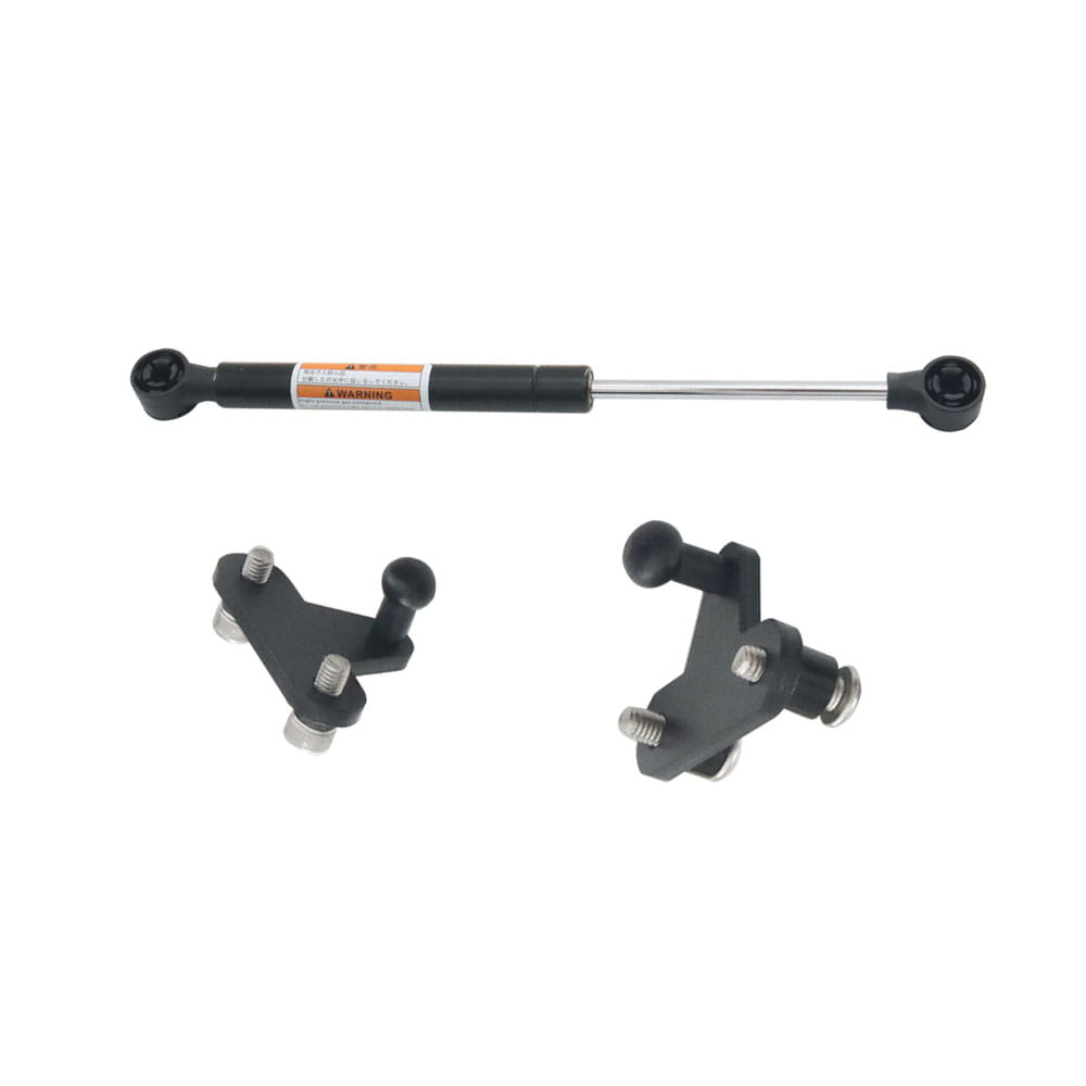 Harley Touring trunk support rod 2014-2023 featuring a black gas spring with silver rod and black end caps, accompanied by two matching black mounting brackets.