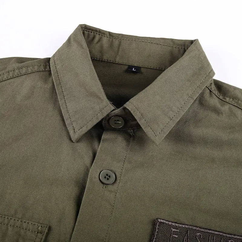 Men cotton casual long sleeve military cargo shirt in olive green featuring a button-up front collar and chest pocket.