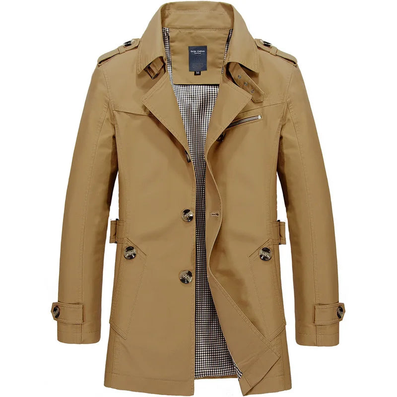 2025 Fashion Single Breasted Mid-Length Trench Jacket Men Vintage Temperament Lapel Jackets Man Long Business Windbreaker Coat