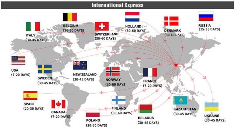 メンズブラックのワニ革フォーマルドレスシューズの配達所要時間を示した、国際エクスプレス配送ルートマップ。