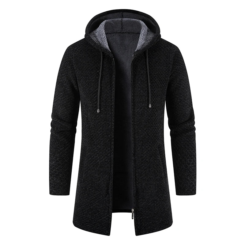 Men's Winter Trench Coat Long Knit Sweater Jacket Fleece Warm Hoodies Beige Business Casual Cardigan Zipper Jumper Overcoat