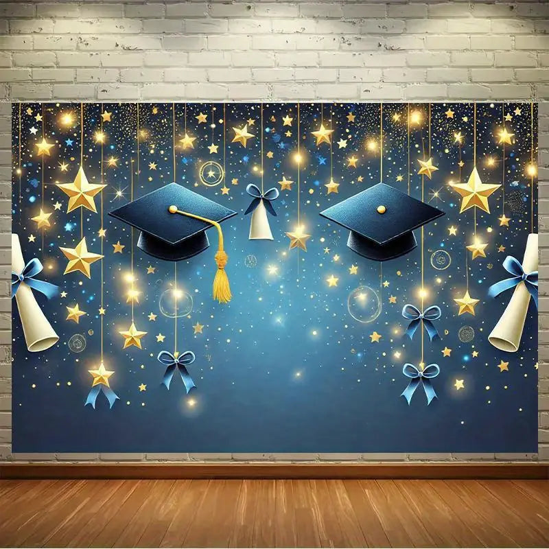 Blue graduation party backdrop featuring a sparkling stars diploma design with gold and silver stars hanging diplomas and blue ribbons against a starry night sky background.