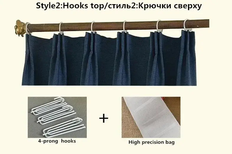 dark blue textured fabric living room curtains with decorative golden rod header and white 4-prong hooks para la sala blackout drapes