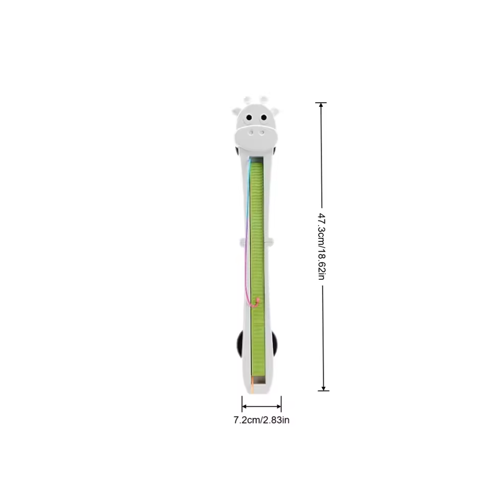 white giraffe-shaped retractable tape measure with a green measuring strip and black wheels designed as an automatic interactive cat toy wall mounted giraffe for an interactive cat toy experience.