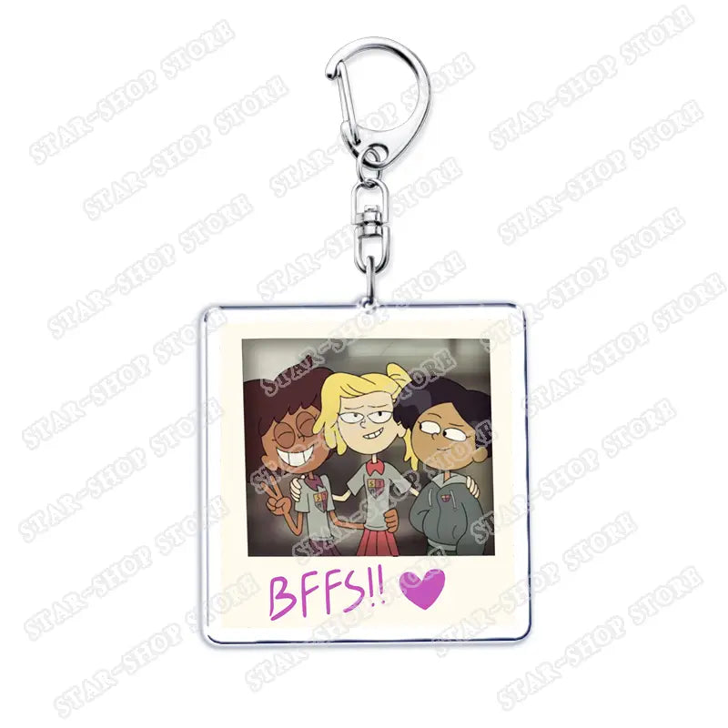 Square-shaped Amphibia anime acrylic keychain features an illustrated photo of three smiling cartoon characters under purple bffs text with a silver metal clasp and chain.