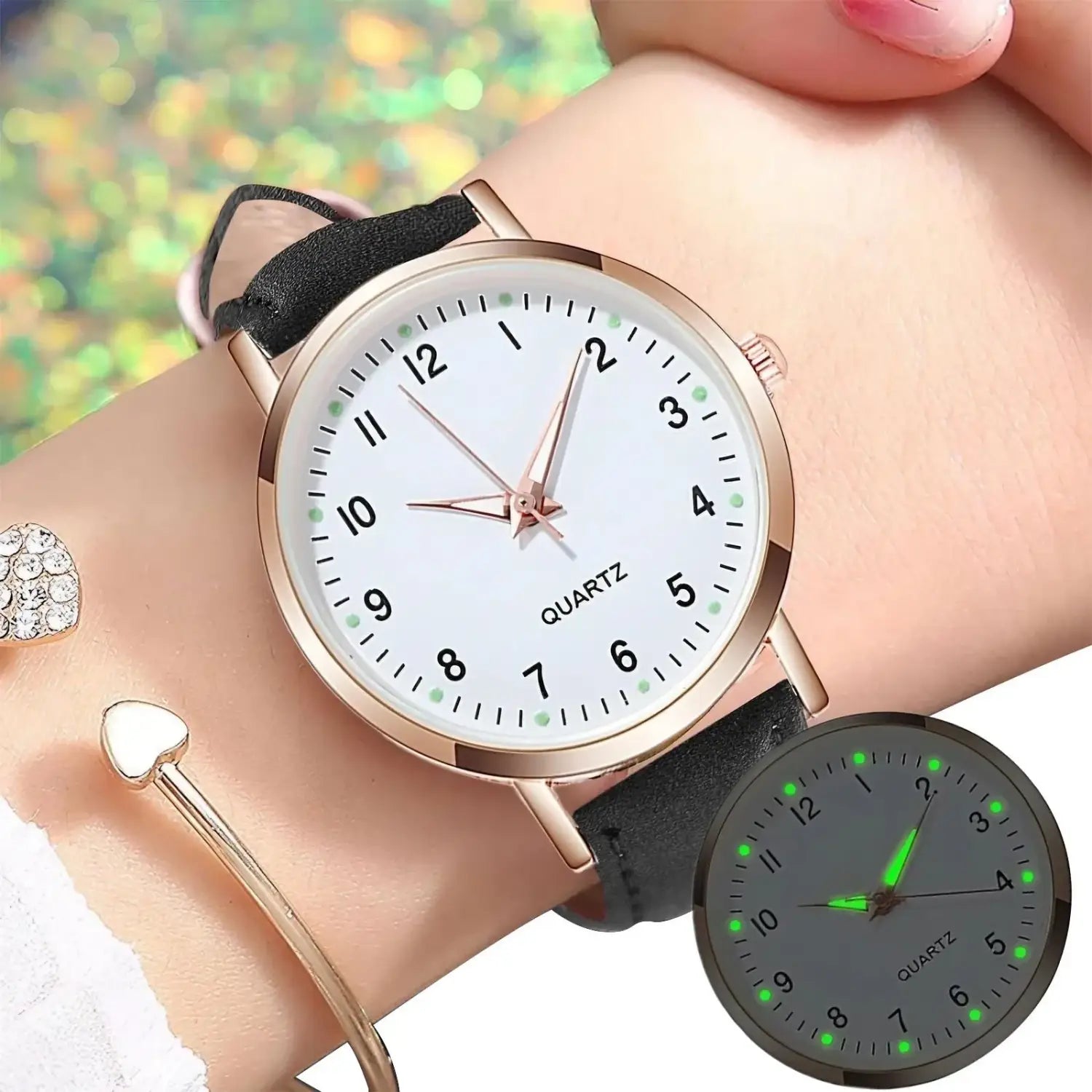 A women quartz watch with a rose gold case, black pu leather strap, minimalist white dial, and luminous markers and hands.