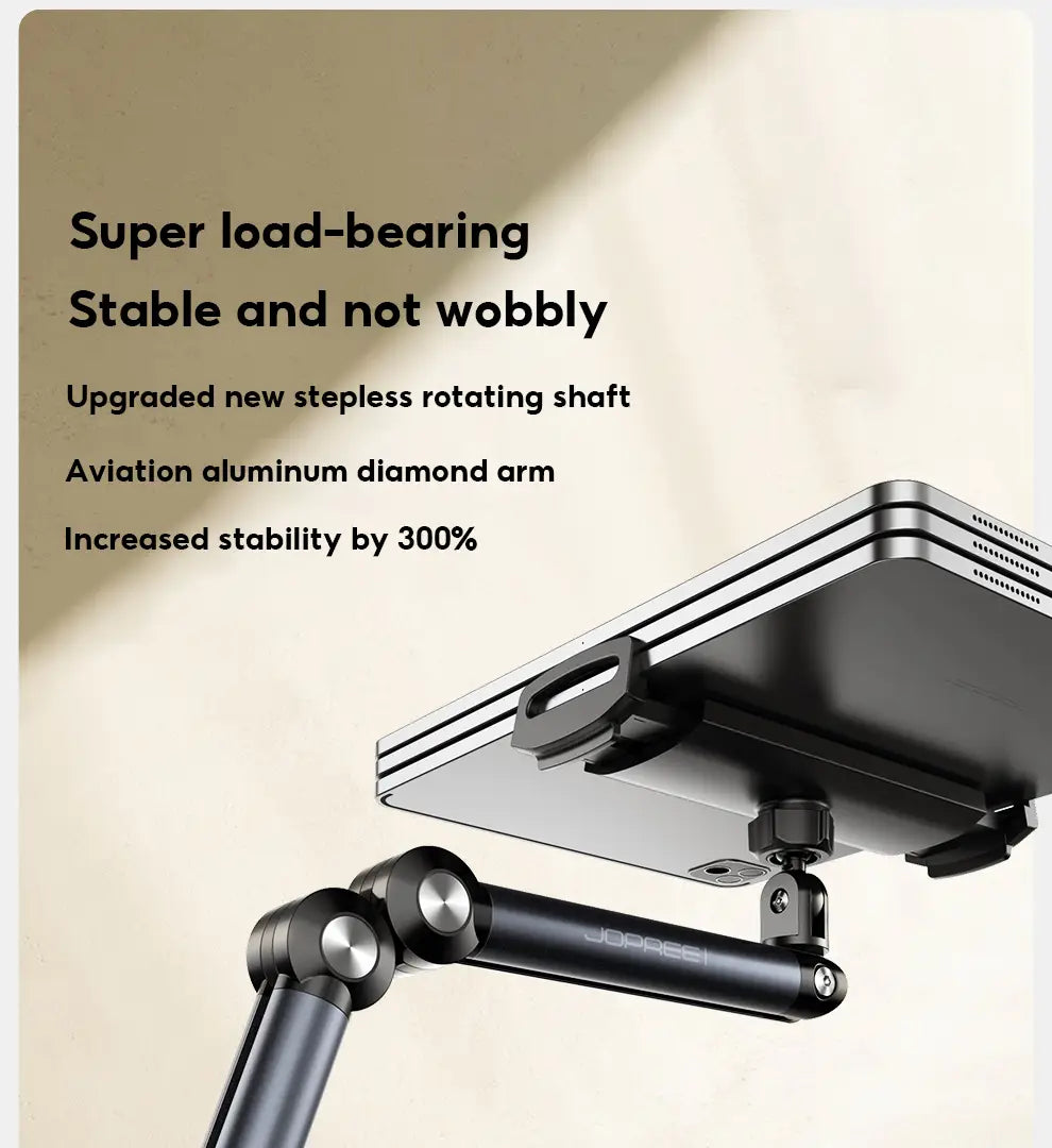 Black jopassi aluminum alloy tablet and phone floor stand featuring a sleek aviation aluminum diamond arm and adjustable rotating shaft.