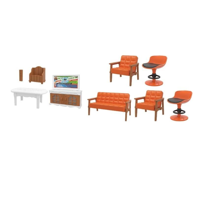 Orangefarbene, geknöpfte Miniatur-Puppenhaus-Couch mit Holzrahmen, ausgelegt für ein Möbelset im Maßstab 1:12