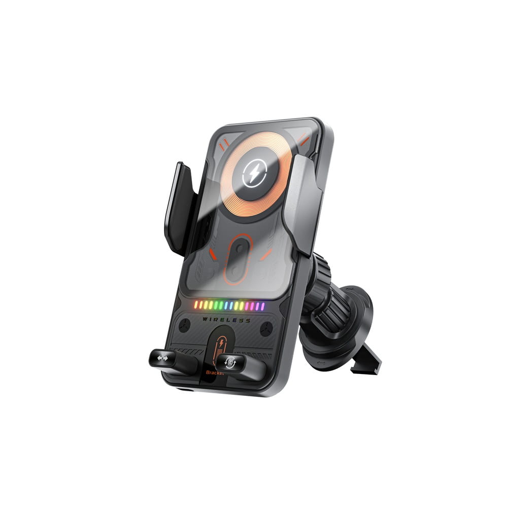 Schnelles 15-W-Wireless-KFZ-Ladegerät in Schwarz mit automatischer Klemmhalterung und elegantem modernen Design mit orangefarbenem kreisförmigem Ladepad und RGB-LED-Anzeigeleuchten.