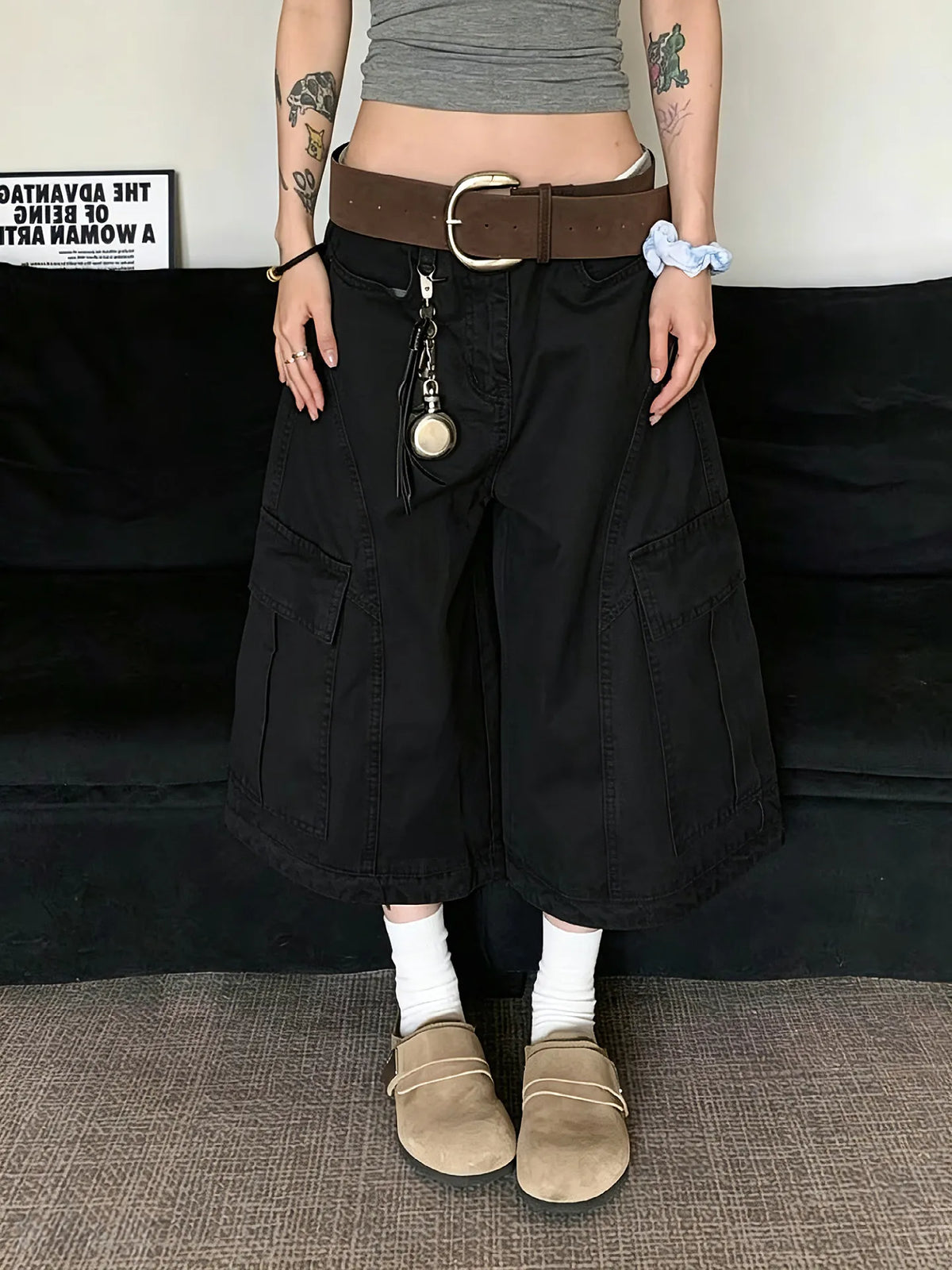 Women Denim High Waist Baggy Wide Leg Knee Length Jeans Shorts Grey Casual Loose American Streetwear Female Denim Short Pants