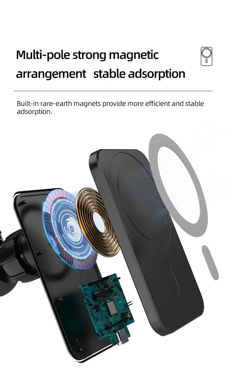 iPhone用のブラックのワイヤレス充電器磁気カーマウント。磁気ベースと内部基板が見える背面側の様子。