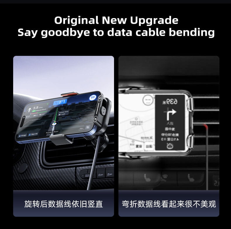 Black wireless car phone charger mount 15w with adjustable clamps and vertical data cable for secure smartphone holding in a vehicle.