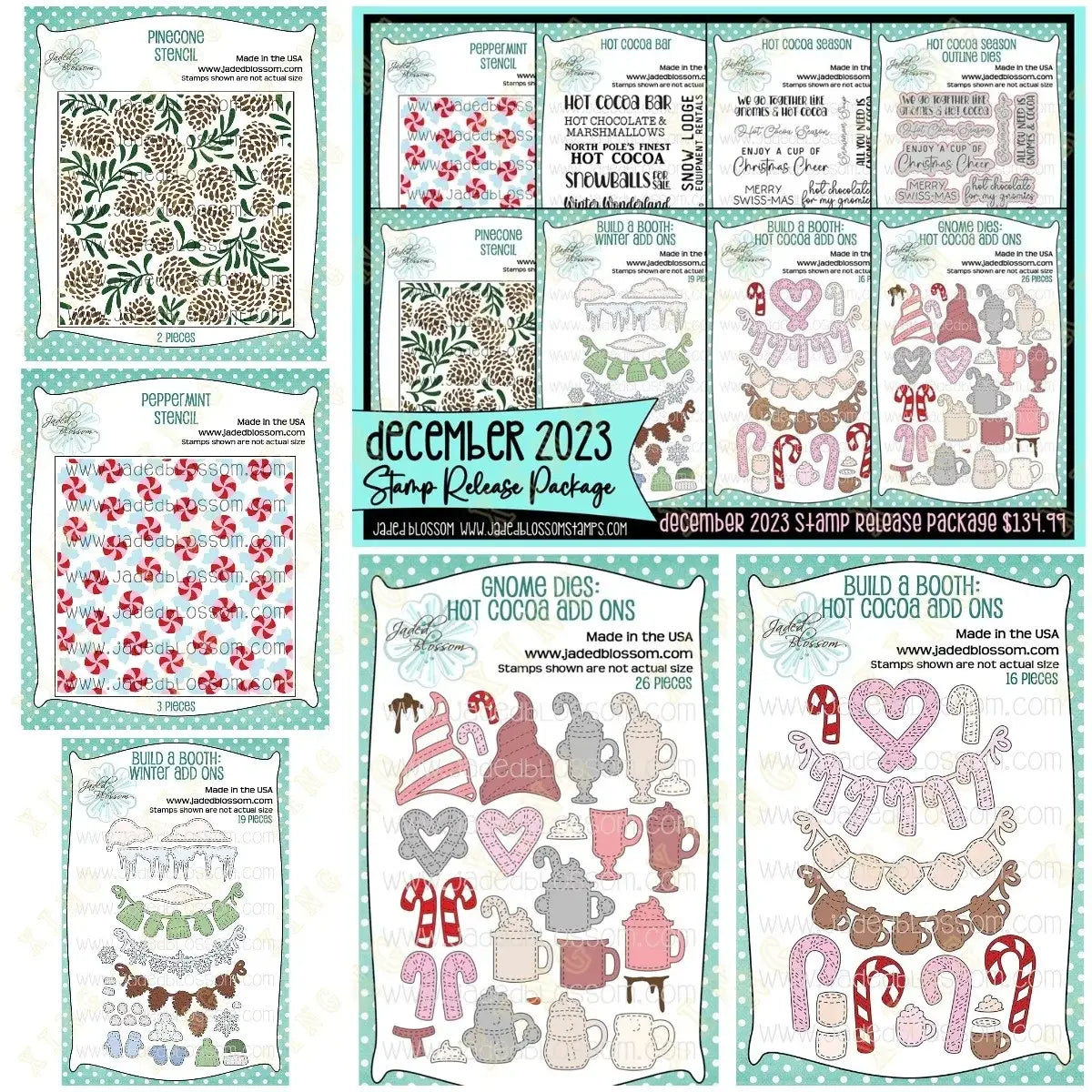 Paquete de lanzamiento de sellos de diciembre de 2023 que presenta troqueles de corte metálico y sellos con temática festiva de diseños de fiesta en rojo, rosa, marrón, verde y gris, con duendes de San Valentín.