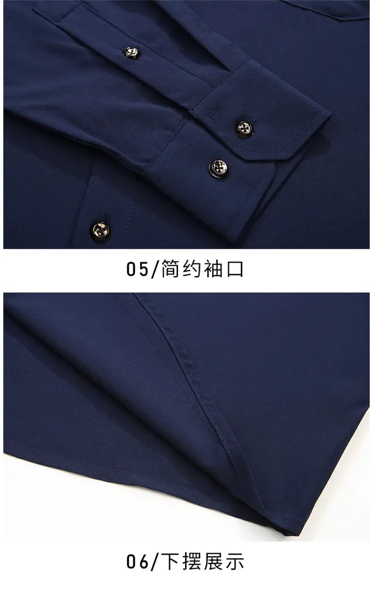 Chemise habillée pour hommes, grande taille, bleu marine, manches longues, avec boutons métalliques et design minimaliste, adaptée à une tenue de travail formelle.