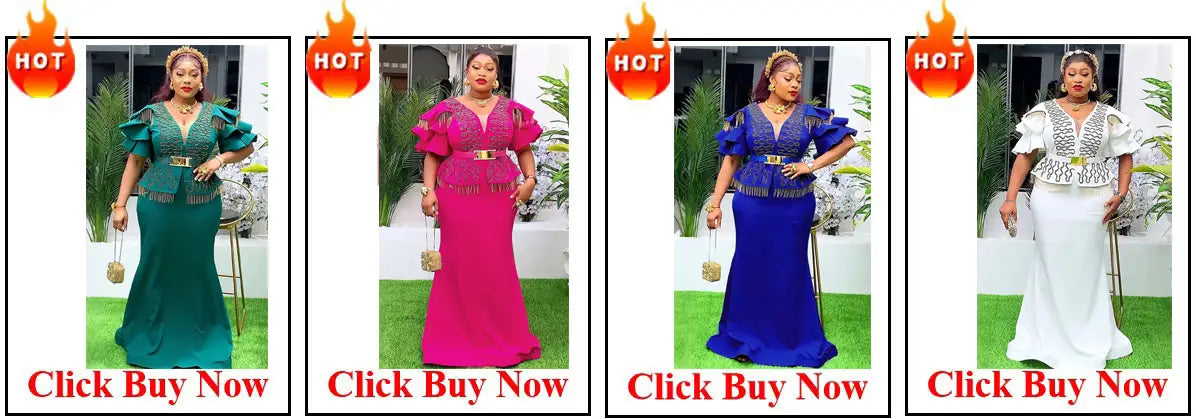 Floor-length dresses in emerald green fuchsia pink royal blue and white with puffed sleeves and metallic belt accents complement the beaded high waisted jumpsuit elegant party outfit collection.