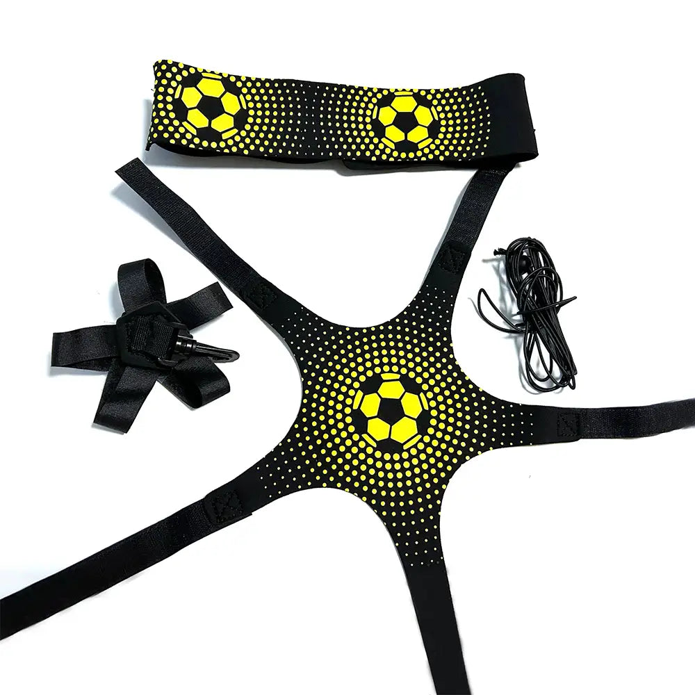 solo soccer training belt kick trainer featuring a black and neon yellow soccer-themed harness with a dotted pattern designed for agility and ball control training.