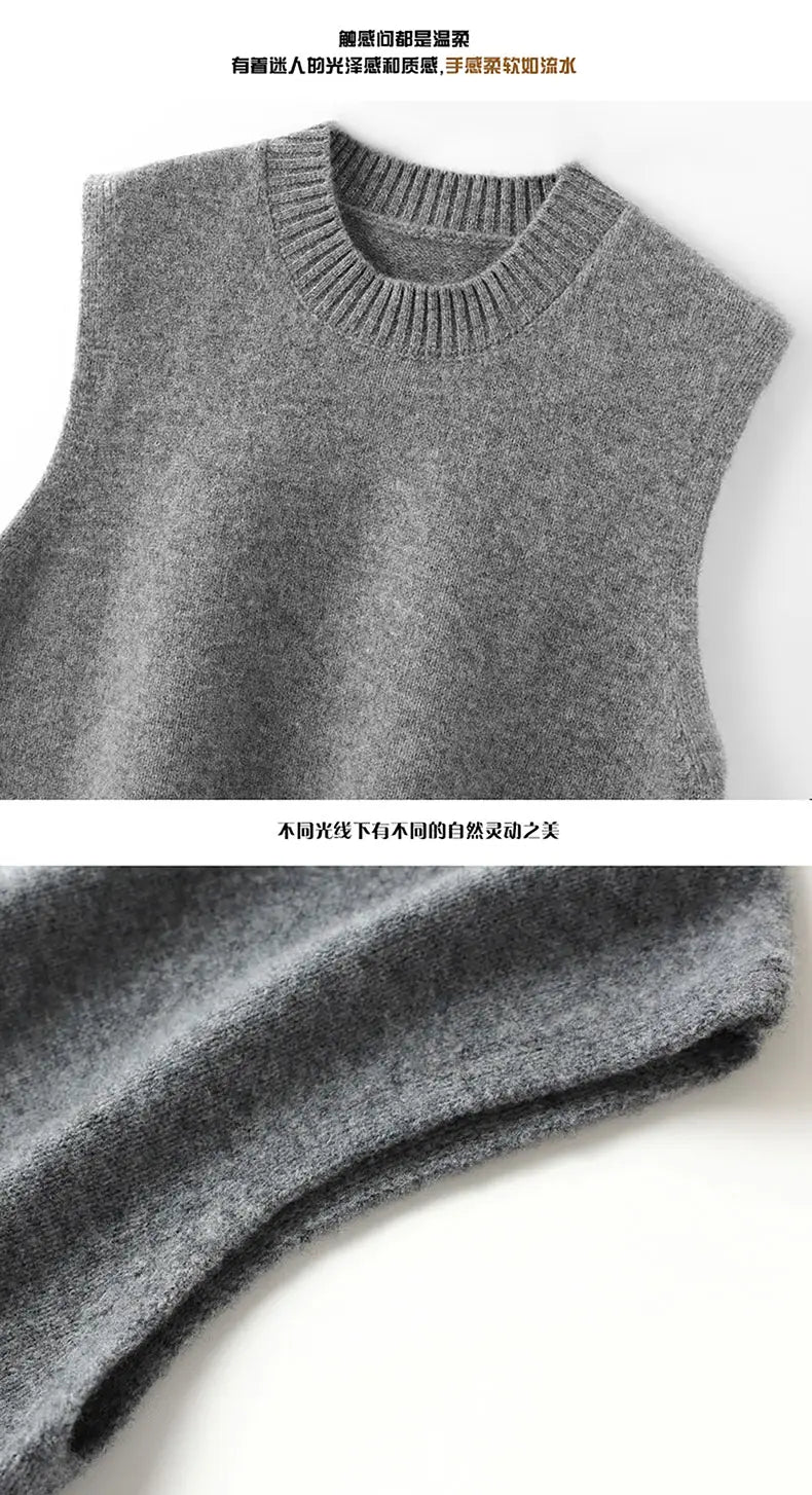 Gray wool knit sleeveless sweater with a ribbed crew neckline and soft textured fabric for casual wear.